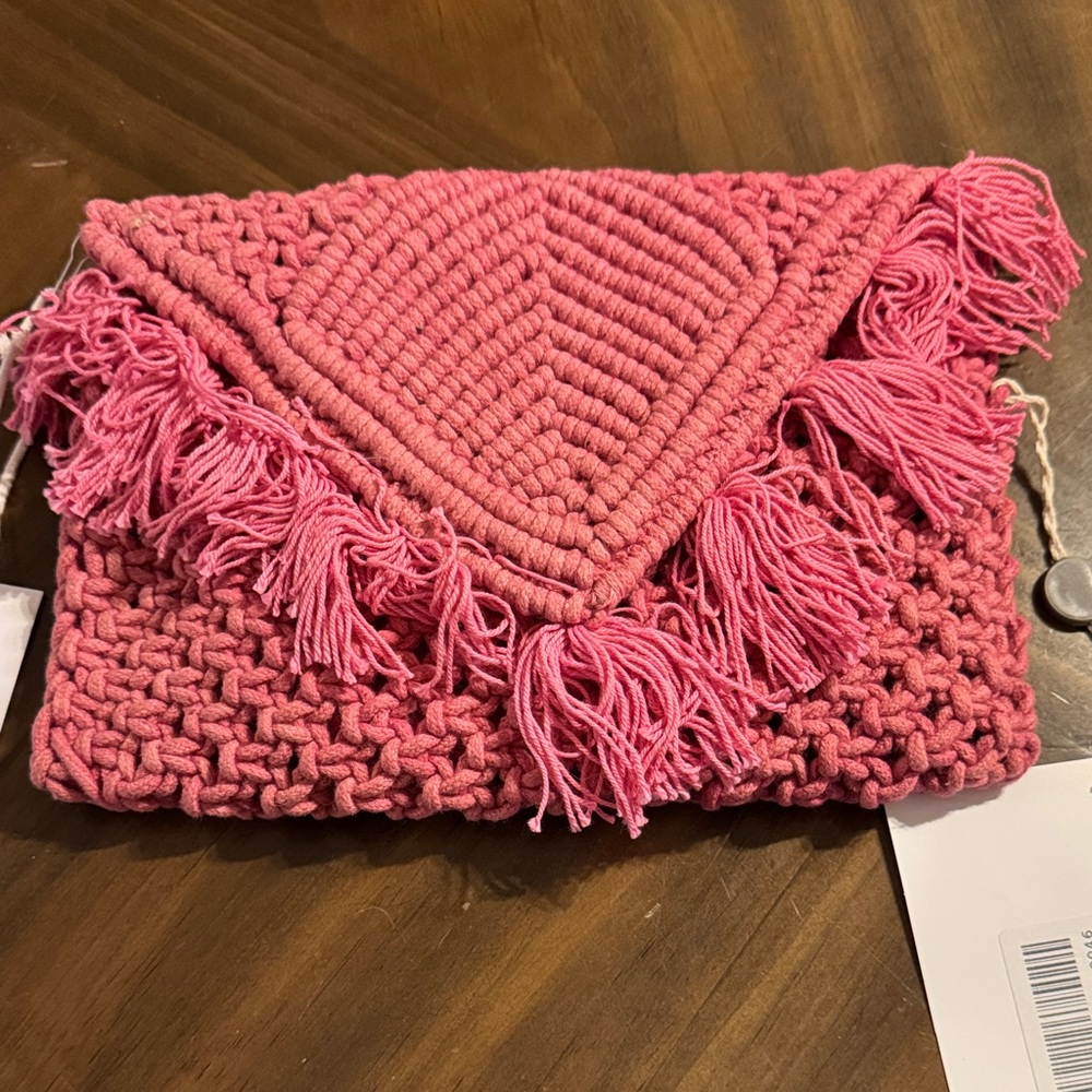 Pink Macramé Fringe Clutch Bag | Boho Tassel Summer Wristlet NWT